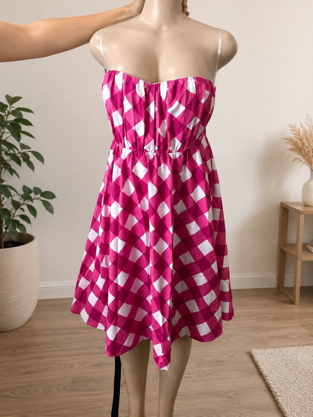 The Limited Hot Pink and White Strapless Gingham Dress